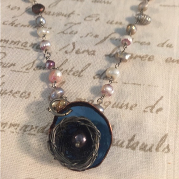 Jewelry - Fresh water pearl pendant/enamel birdsnest